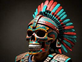 een Mens met een kleurrijk schedel masker en veren. ai gegenereerd foto
