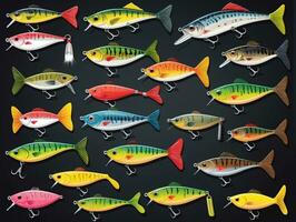 visvangst lokt reeks van verschillend types en kleuren. ai gegenereerd foto