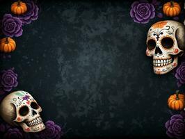 een halloween achtergrond met schedels en rozen. ai gegenereerd foto