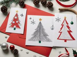 Kerstmis kaarten met Kerstmis bomen en ornamenten. ai gegenereerd foto