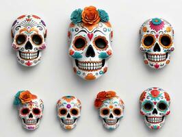 een reeks van schedels met kleurrijk schedels en bloemen. ai gegenereerd foto