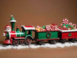 een speelgoed- trein met de kerstman claus en andere speelgoed. ai gegenereerd foto