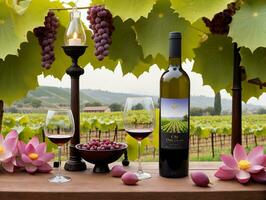 een tafel met een wijn fles wijn bril en druiven. ai gegenereerd foto