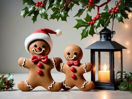 twee gember gember met Kerstmis decoraties. ai gegenereerd foto