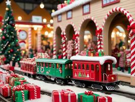 een speelgoed- trein met een Kerstmis boom en geschenken. ai gegenereerd foto