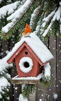 foto van Kerstmis met sneeuw bedekt vogelhuisje Aan een pijnboom boom. ai gegenereerd