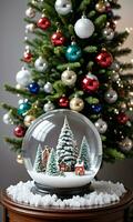 foto van Kerstmis pijnboom boom versierd met glas sneeuw bollen. ai gegenereerd