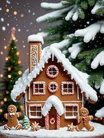 foto van Kerstmis peperkoek huis met een met sneeuw bedekt dak. ai gegenereerd