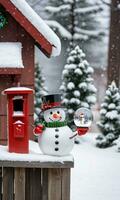 foto van Kerstmis sneeuwman Holding een glas sneeuw wereldbol naast een besneeuwd postbus. ai gegenereerd