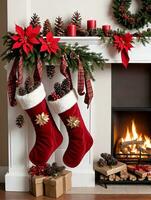 foto van Kerstmis kousen hangende door een haard met dennenappels en kerstster planten. ai gegenereerd