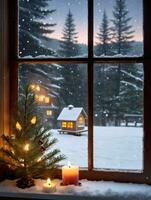 foto van Kerstmis kaarslicht venster met een visie van een besneeuwd vogelhuisje en pijnboom boom. ai gegenereerd