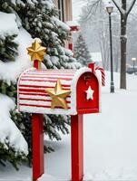 foto van Kerstmis met sneeuw bedekt postbus met snoep riet strepen en een gouden ster Aan top. ai gegenereerd