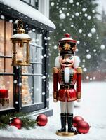 foto van Kerstmis notenkraker Holding een lantaarn naast een besneeuwd venster. ai gegenereerd