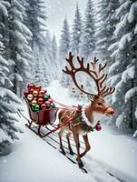 foto van Kerstmis rendier trekken een slee van ornamenten door een besneeuwd Woud. ai gegenereerd