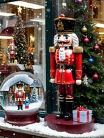 foto van Kerstmis notenkraker staand De volgende naar een sneeuw wereldbol en een stapel van cadeaus in een speelgoed- winkel venster met voorbijgangers reflecties. ai gegenereerd