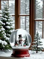 foto van Kerstmis sneeuw wereldbol met een sneeuwman pijnboom boom en lantaarn geplaatst Aan een besneeuwd vensterbank. ai gegenereerd