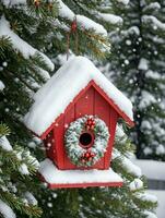 foto van Kerstmis met sneeuw bedekt vogelhuisje Aan een pijnboom boom. ai gegenereerd