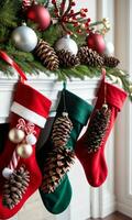 foto van Kerstmis kousen gevulde met dennenappels glas ornamenten en snoep stokken. ai gegenereerd
