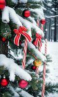 foto van Kerstmis met sneeuw bedekt pijnboom boom met snoep wandelstokken en lantaarns. ai gegenereerd