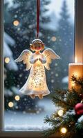 foto van Kerstmis engel ornament naast een besneeuwd venster met hangende kousen met de zacht gloed van een dichtbij dorp. ai gegenereerd