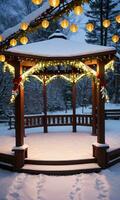 lantaarns verhelderend een met sneeuw bedekt Prieel versierd met slingers nacht wijde hoek. ai gegenereerd foto