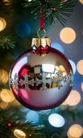 een detailopname van een glas Kerstmis ornament reflecterend zacht lichten. ai gegenereerd foto