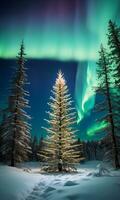 een Kerstmis boom in de wildernis verlichte door de noordelijk lichten. ai gegenereerd foto