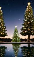 Kerstmis boom weerspiegeld in een glinsterende vijver met drijvend kerstballen schemer buitenshuis lang schot. ai gegenereerd foto