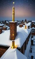 een besneeuwd op het dak met een schoorsteen versierd met gouden klokken gevangen genomen onder een starlit lucht. ai gegenereerd foto