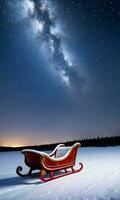 een besneeuwd veld- met een verlichte slee onder de sterren gevangen genomen Bij nacht. ai gegenereerd foto
