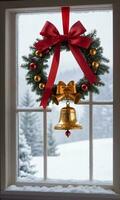 een krans versierd met rood linten en gouden klokken hangende Aan een ijzig venster met een besneeuwd landschap in de achtergrond. ai gegenereerd foto