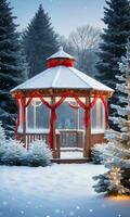 een ijzig venster visie van een besneeuwd tuin met een Prieel versierd met fonkelend lichten pijnboom takken en rood linten. ai gegenereerd foto