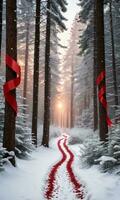 een Woud pad Bij dageraad gedekt in sneeuw met bomen versierd door fonkelend lichten pijnboom takken en rood linten. ai gegenereerd foto