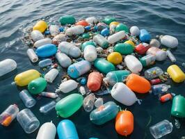 plastic flessen in de water. ai gegenereerd foto