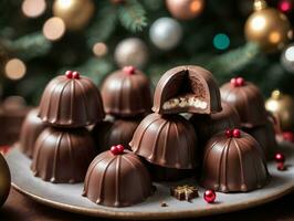 een bord van chocola gedekt chocolaatjes met een Kerstmis boom in de achtergrond. ai gegenereerd foto