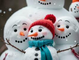 een groep van sneeuwmannen. ai gegenereerd foto