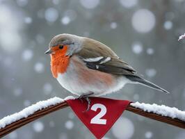 een vogel zittend Aan een rood en wit vlag. ai gegenereerd foto