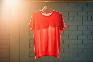 een rood t-shirt is hangende Aan een hanger. ai gegenereerd foto