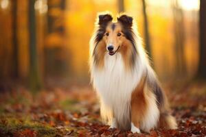 een collie hond in de herfst Woud. ai gegenereerd foto