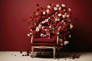 rood fauteuil versierd met bloemen, creatief ontwerp. ai-gegenereerd foto