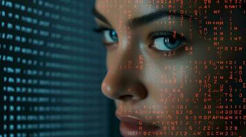 een vrouw gezicht weerspiegeld Aan een computer scherm ai gegenereerd foto