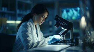 een vrouw wetenschapper dirigeren Onderzoek met een microscoop in een laboratorium ai gegenereerd foto