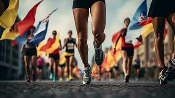 een groep van hardlopers deelnemen in een marathon ras ai gegenereerd foto