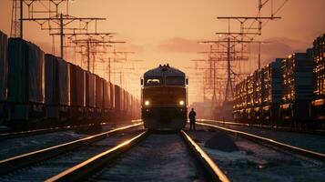 een trein te hard rijden door een stadsgezicht met torenhoog wolkenkrabbers ai gegenereerd foto