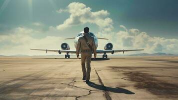 een Mens wandelen naar een vliegtuig Aan een landingsbaan ai gegenereerd foto