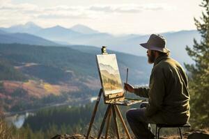 een Mens zittend boven een berg, vastleggen haar schoonheid met een penseel en canvas ai gegenereerd foto