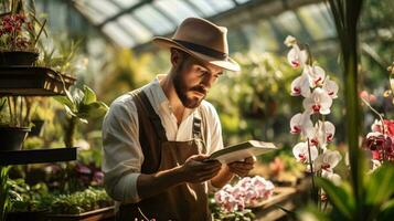 een Mens lezing een boek in een vredig kas omringd door planten ai gegenereerd foto