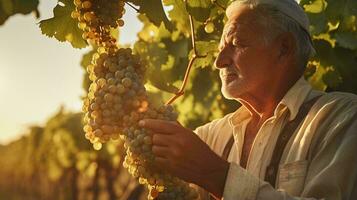 een Mens Holding een bundel van druiven in een wijngaard ai gegenereerd foto