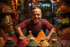 een Mens bewonderend een levendig rangschikking van specerijen in een markt Scherm ai gegenereerd foto