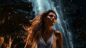 een vrouw genieten van de schoonheid van een majestueus waterval ai gegenereerd foto